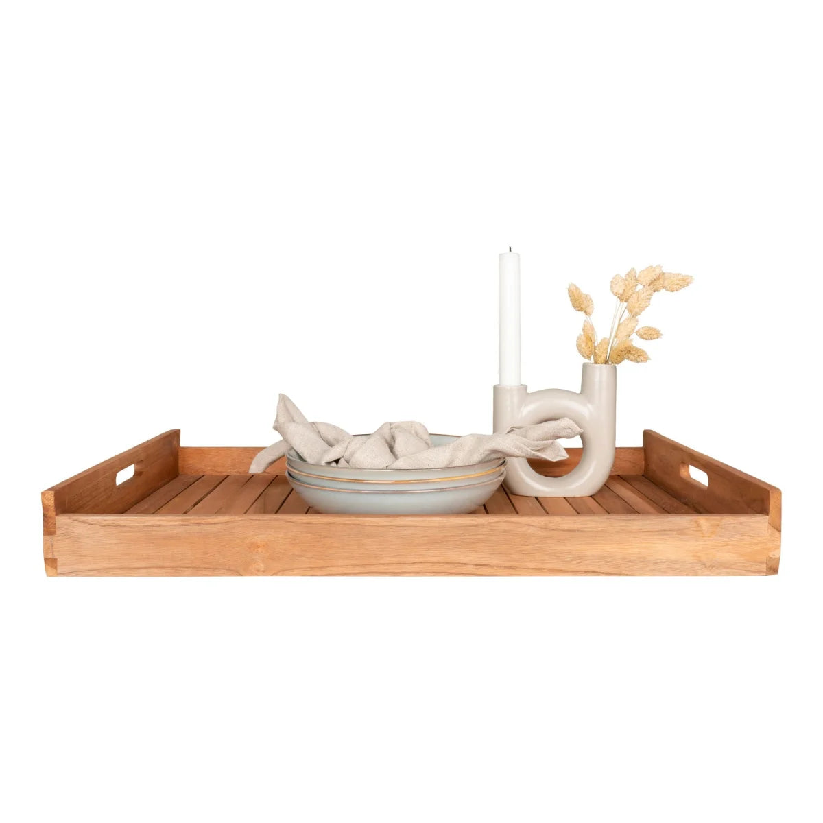 Plateau rectangulaire en teck naturel 58x38 cm avec poignées ajourées