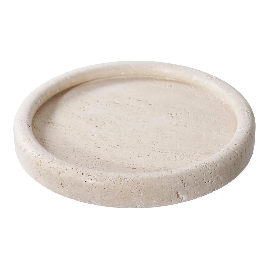 Plateau rond en travertin beige mat texturé avec speckles