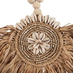 Pompon décoratif en raphia naturel avec coquillages et perles en bois