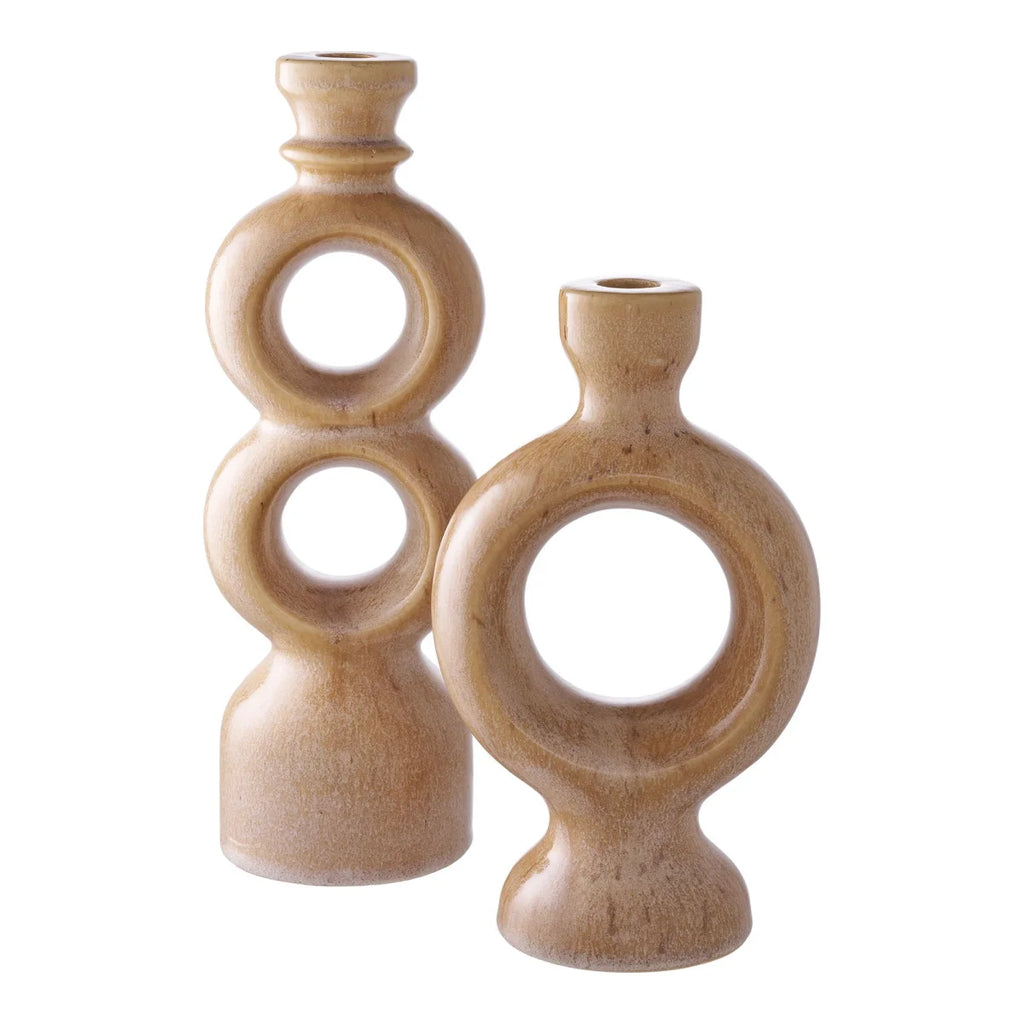 Porte-bougie en bois beige artisanal 23 cm, design géométrique moderne
