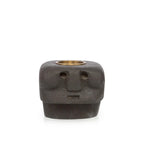 Porte-bougie en grès noir sculpté visage stylisé avec insert en laiton