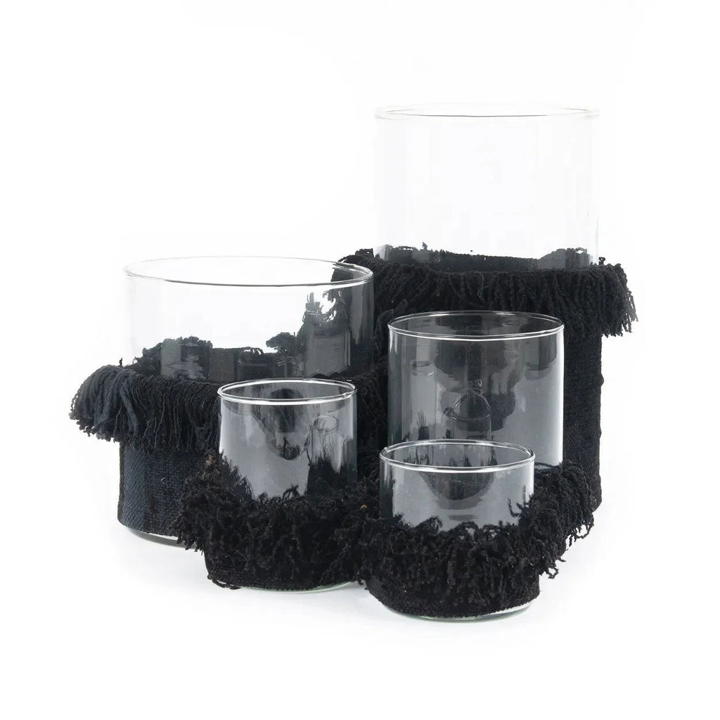 Porte-bougie en verre et velours noir avec franges
