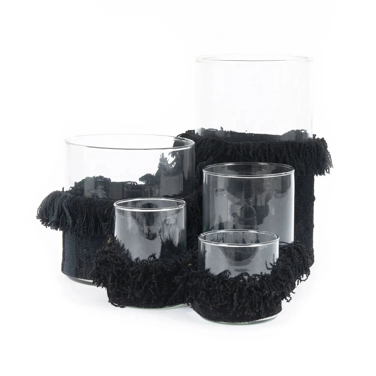 Porte-bougie en verre et velours noir avec franges