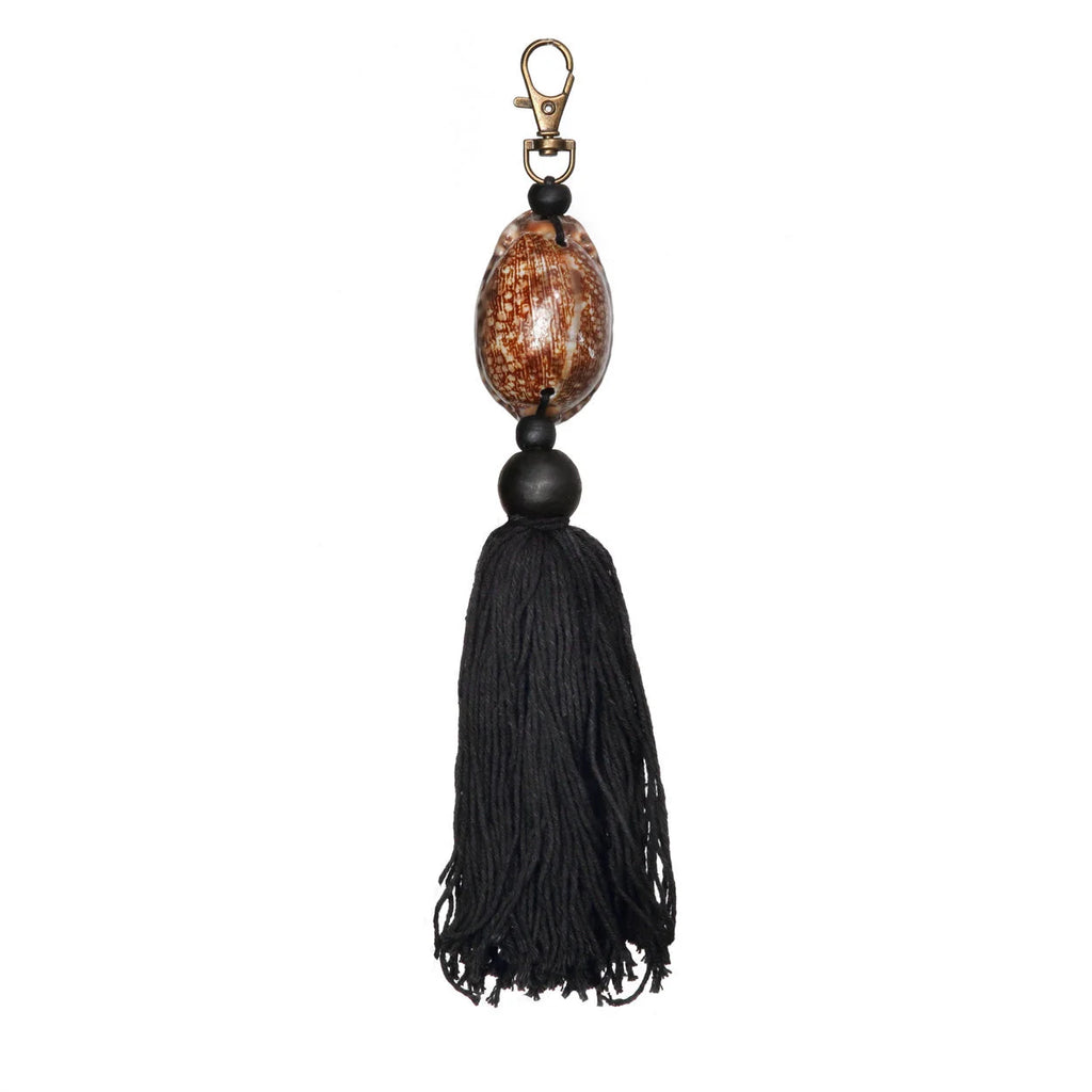 Porte-clés en bois et coquillage noir marron avec pompon déco