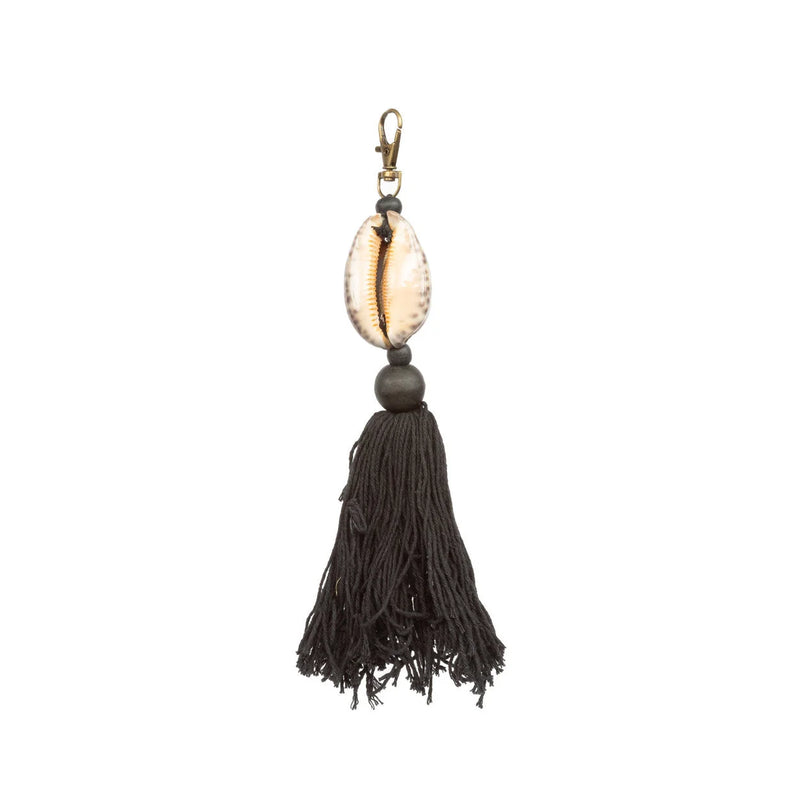 Porte-clés en bois et coquillage noir marron avec pompon déco