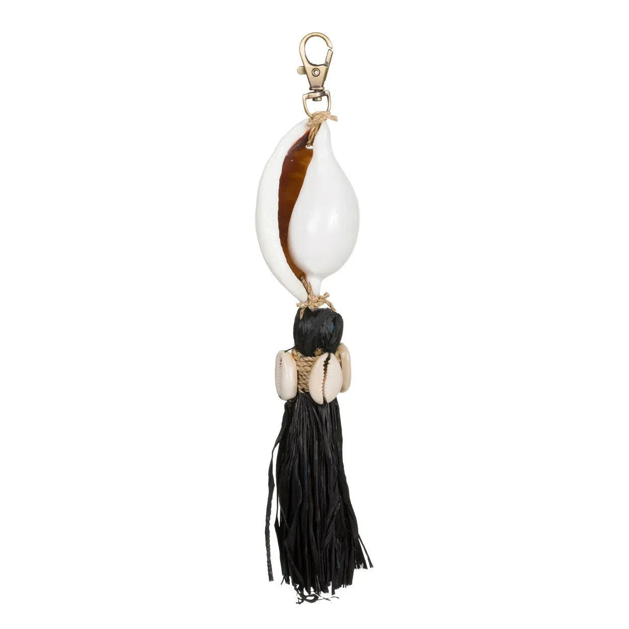 Porte-clés coquillage blanc et marron avec pompon raphia noir