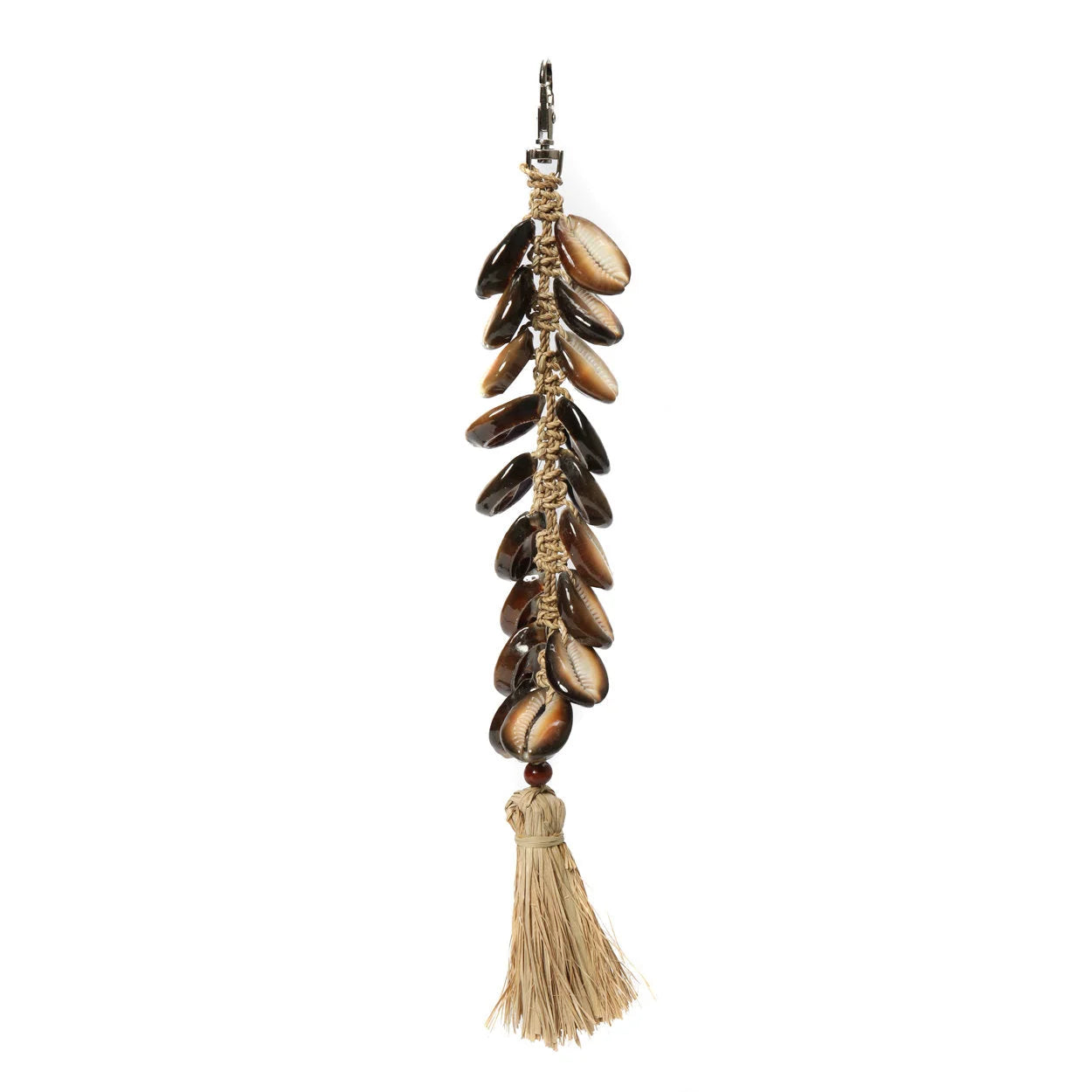 Porte-clés en coquillages cauris et raphia naturel brun caramel avec cascade et tassel
