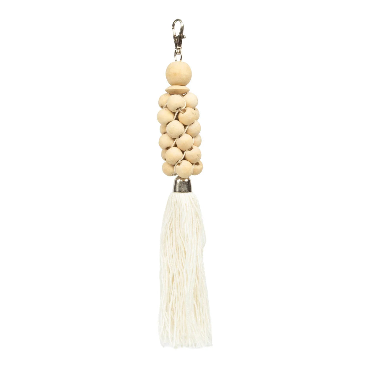 Porte-clés pompon écru perles bois mousqueton argent
