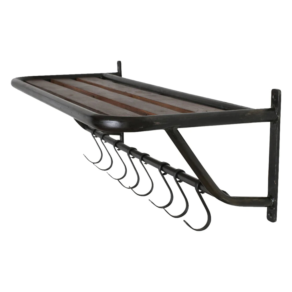 Porte-manteau mural en métal noir avec plateau en bois recyclé 84x25 cm