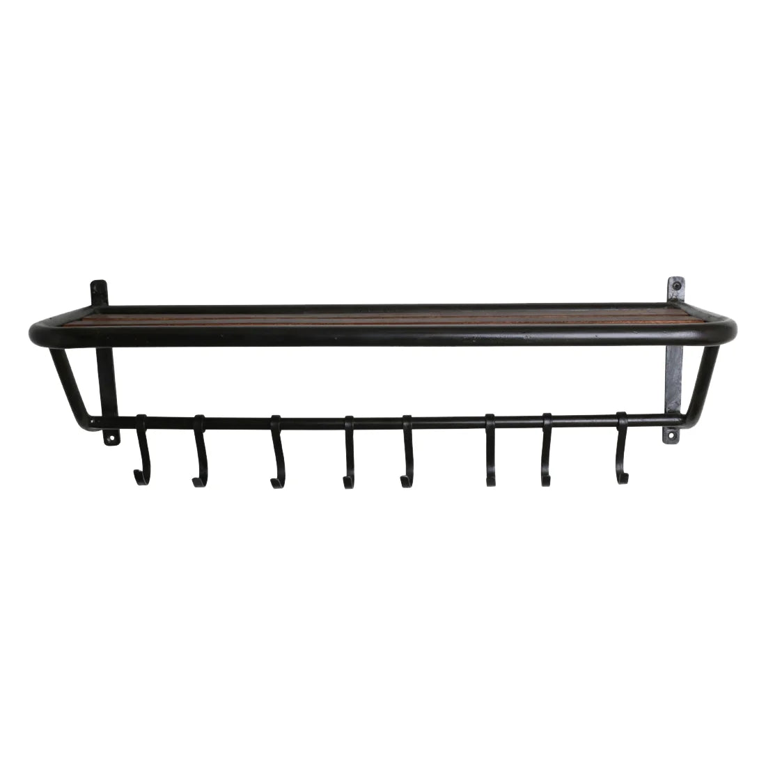 Porte-manteau mural en métal noir avec plateau en bois recyclé, 84x25 cm