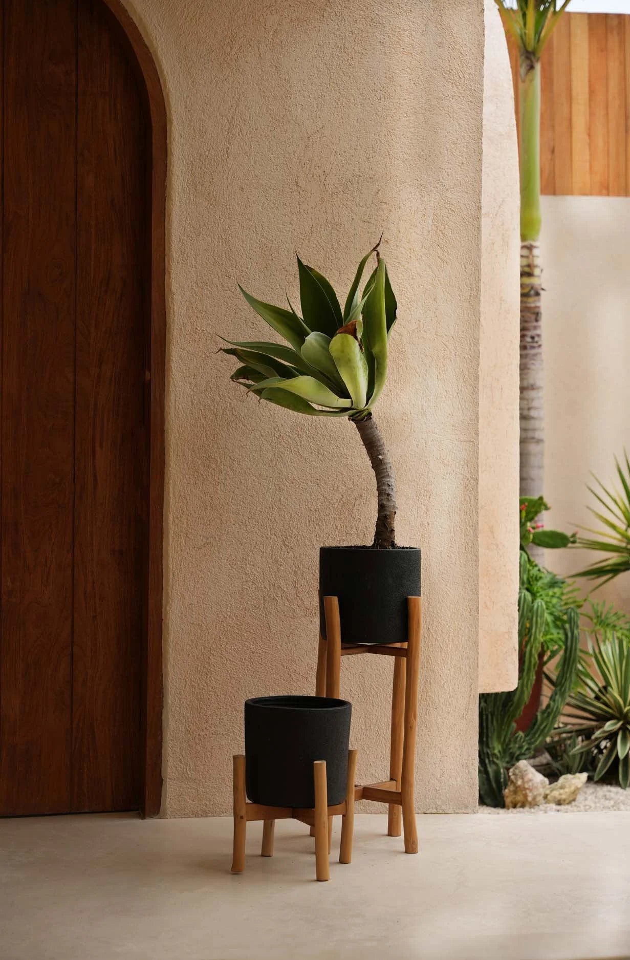 Deux jardinières noires en terre cuite avec supports en bois naturel, hauteur 68 cm
