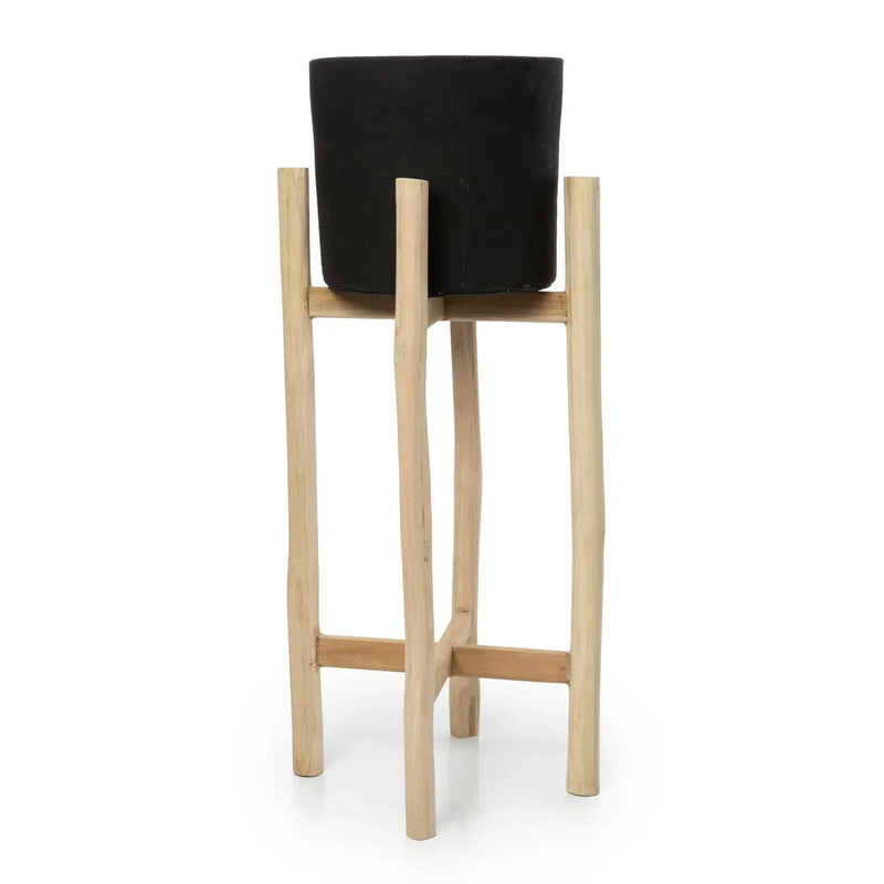 Porte-plante en bois naturel avec pot en terre cuite noire – H68 cm