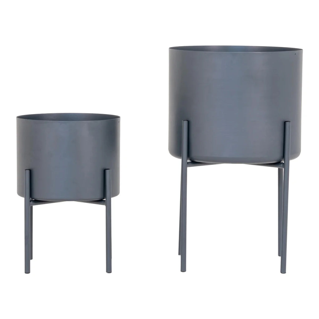 Lot de 2 pots de fleurs gris en acier mat, diamètre 21 cm, avec supports métal minimalistes