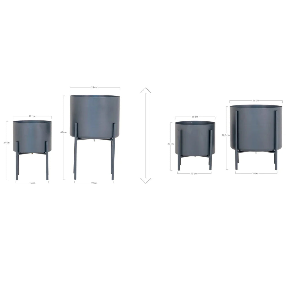 Lot de 4 pots de fleurs gris mat en acier, diam. 21 cm, avec supports métal minimalistes