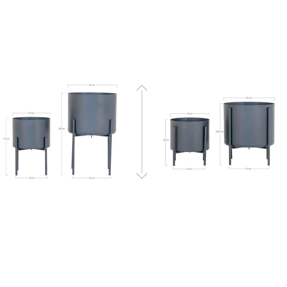 Lot de 4 pots de fleurs gris mat en acier, diam. 21 cm, avec supports métal minimalistes