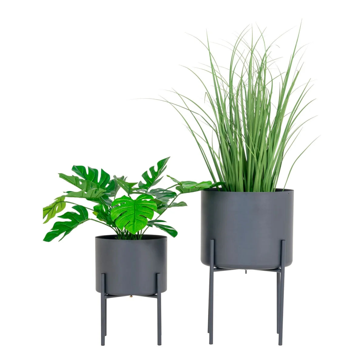 Deux pots de fleurs gris en acier mat, lot de 2, diamètre 21 cm avec feuillage
