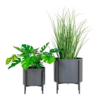Pots de fleurs gris en acier mat, lot de 2 avec feuillage artificiel vert
