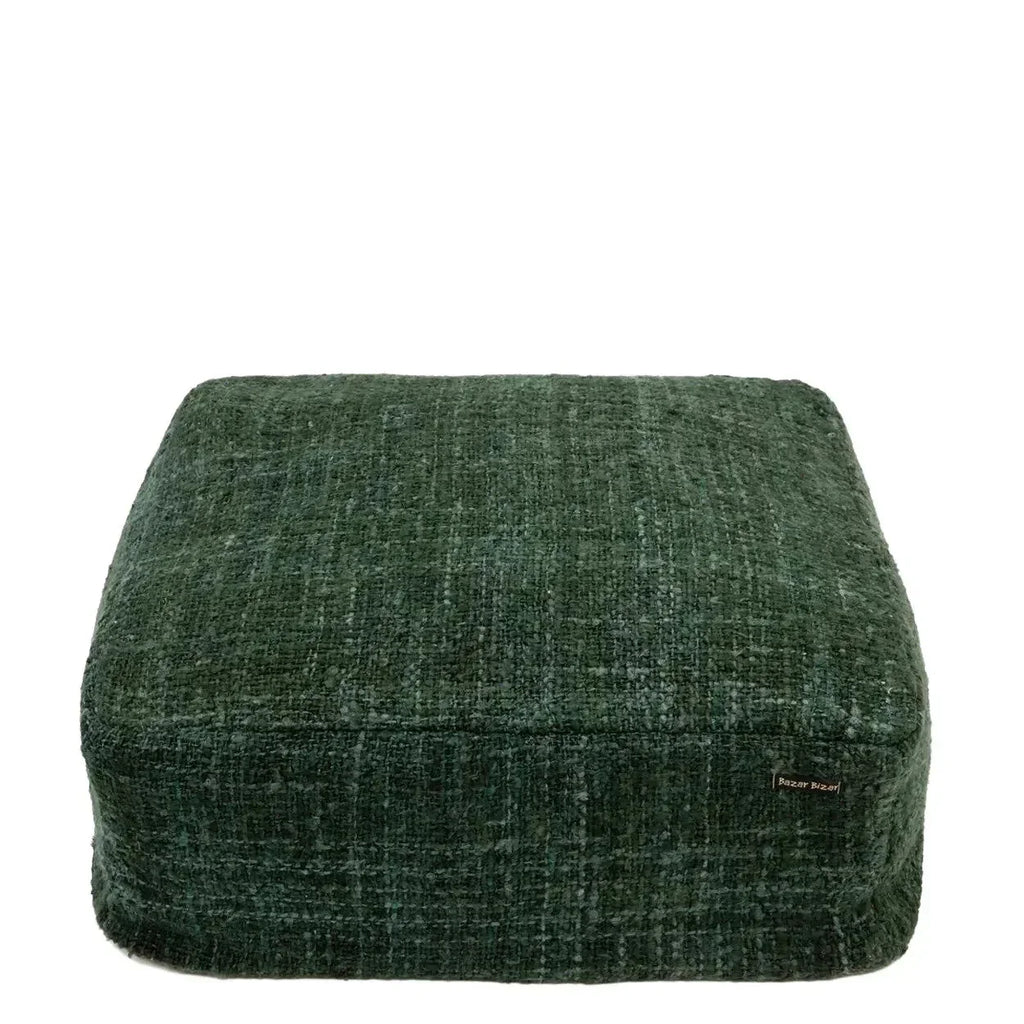 Pouf carré en coton vert forêt texturé 60x60 cm à motif tissé moelleux