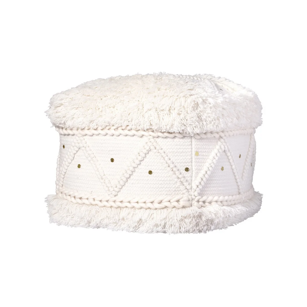 Pouf carré en laine écrue avec motifs losanges, paillettes, et accents dorés 50x50 cm