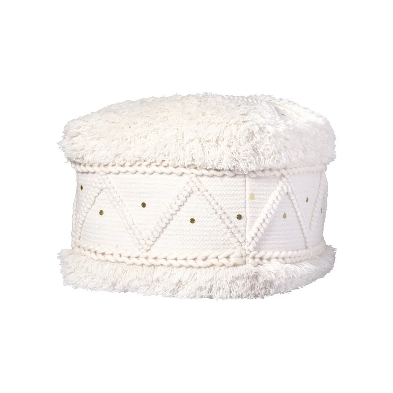 Pouf carré en laine écrue à motifs losanges et paillettes – 50x50 cm