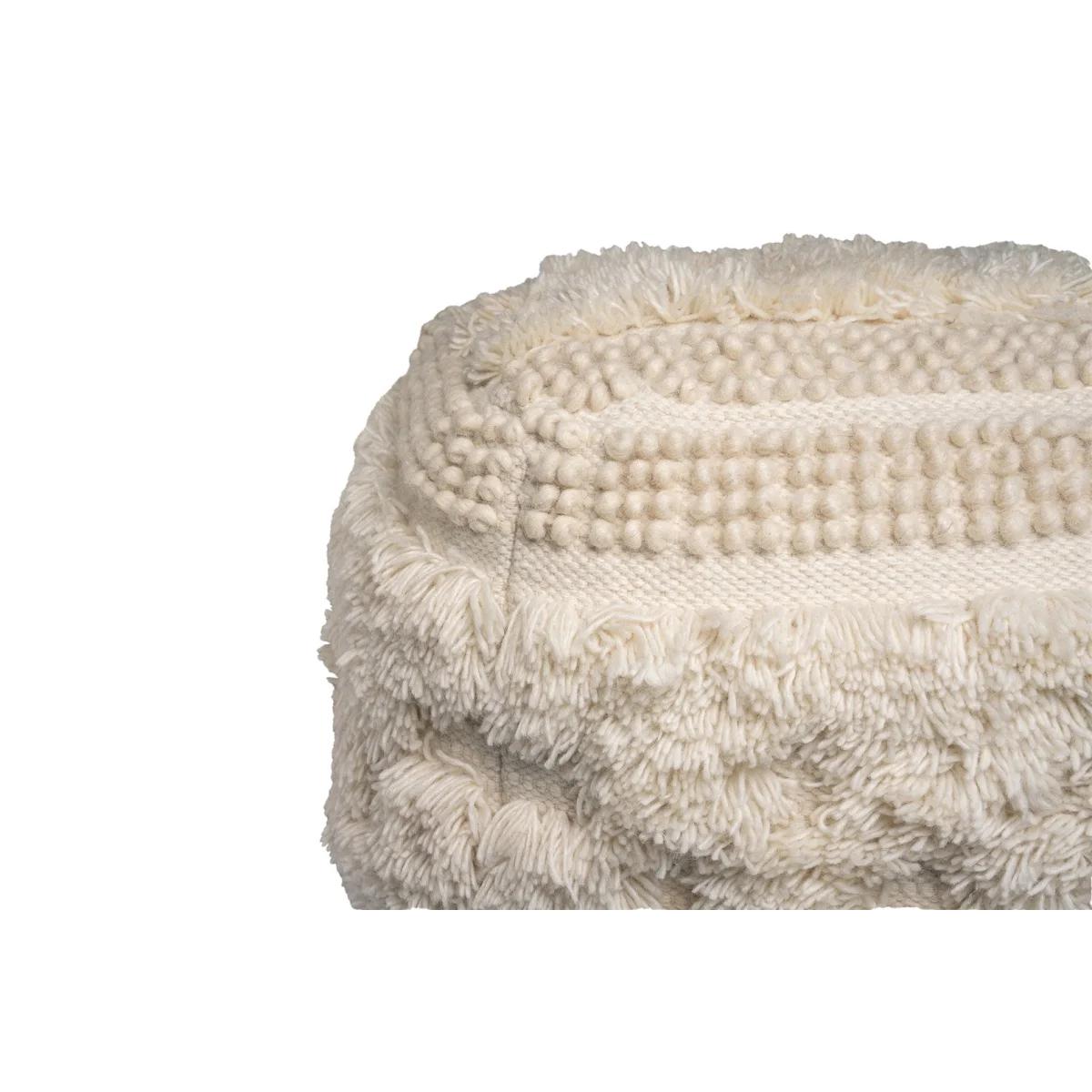 Pouf carré en laine écrue avec franges et pompons, texture ronde et motifs bobbles