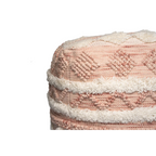 Pouf carré tissé rose et crème à franges en laine, rond, texturé, 50x50 cm