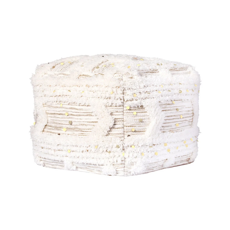 Pouf carré tufté coton crème khaki avec franges et paillettes – 50x50 cm