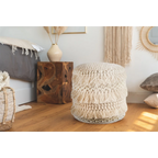 Pouf rond en laine écrue avec franges et pompons, diamètre 35 cm