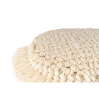 Pouf rond en laine écrue avec franges et pompons, diamètre 35 cm