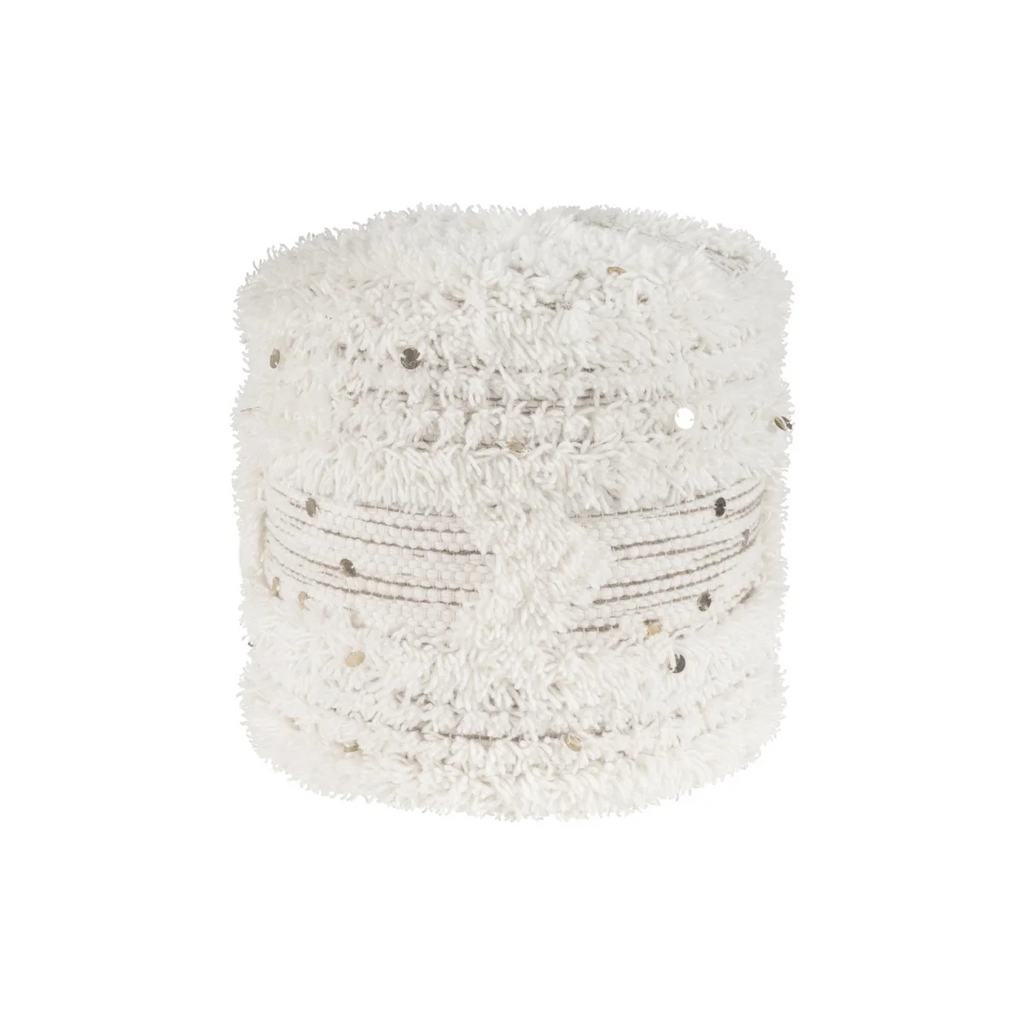 Contenant décoratif cylindrique blanc et khaki avec sequins argentés et franges