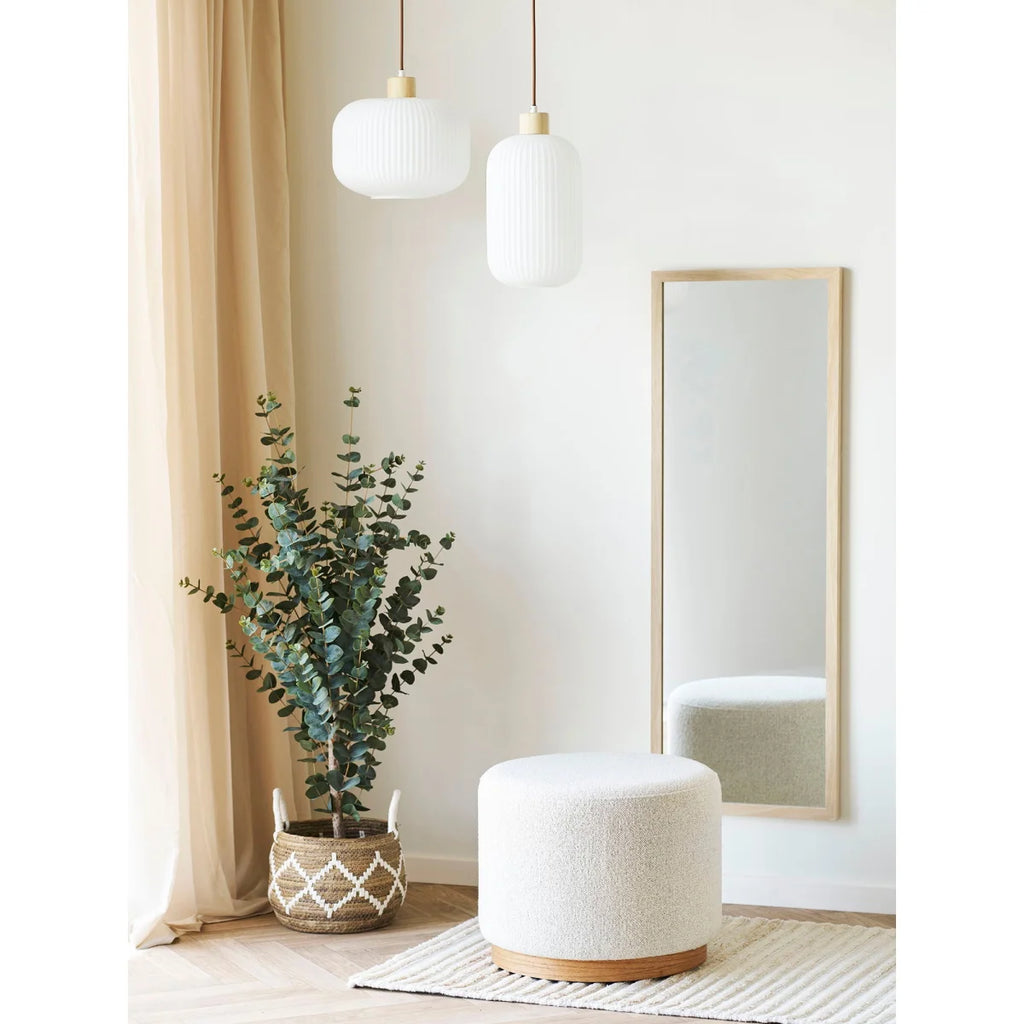 Pouf rond en tissu bouclé beige clair et bois naturel Ø50 cm