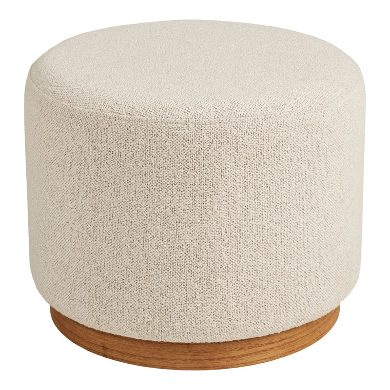 Pouf rond en tissu bouclé beige clair et bois naturel – Ø50 cm