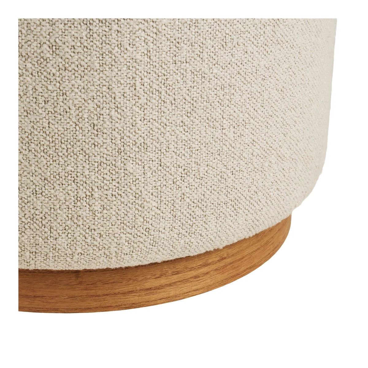 Pouf rond en tissu bouclé beige clair et base bois naturel Ø50 cm