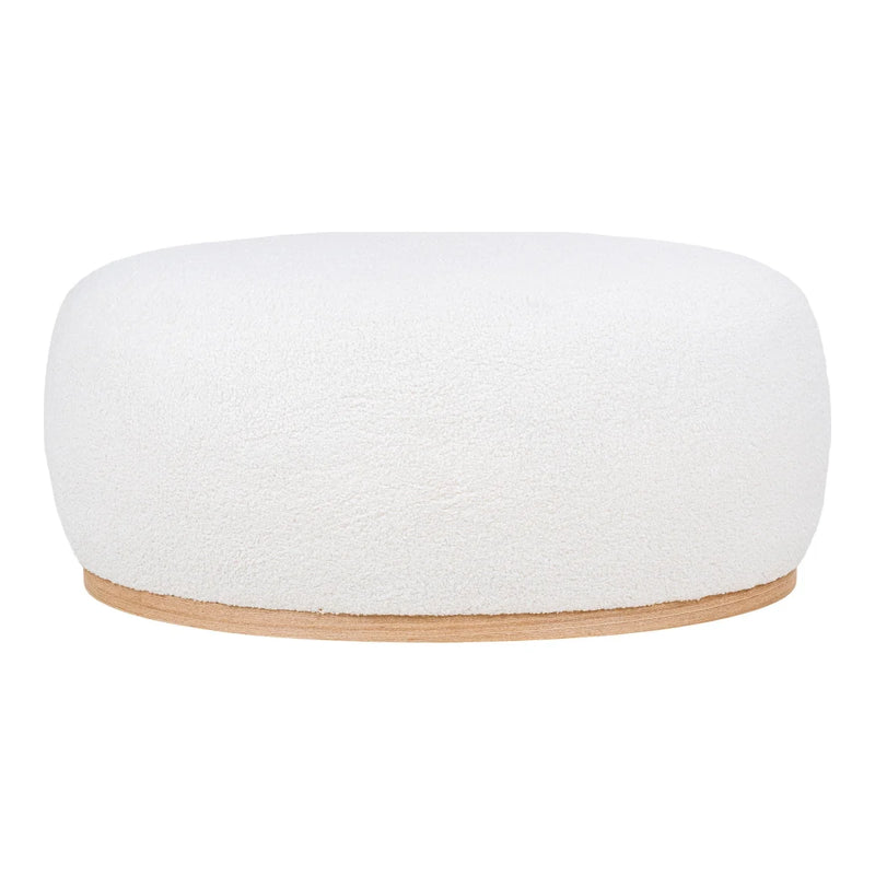 Pouf rond en tissu bouclé blanc base bois clair – 54x88 cm
