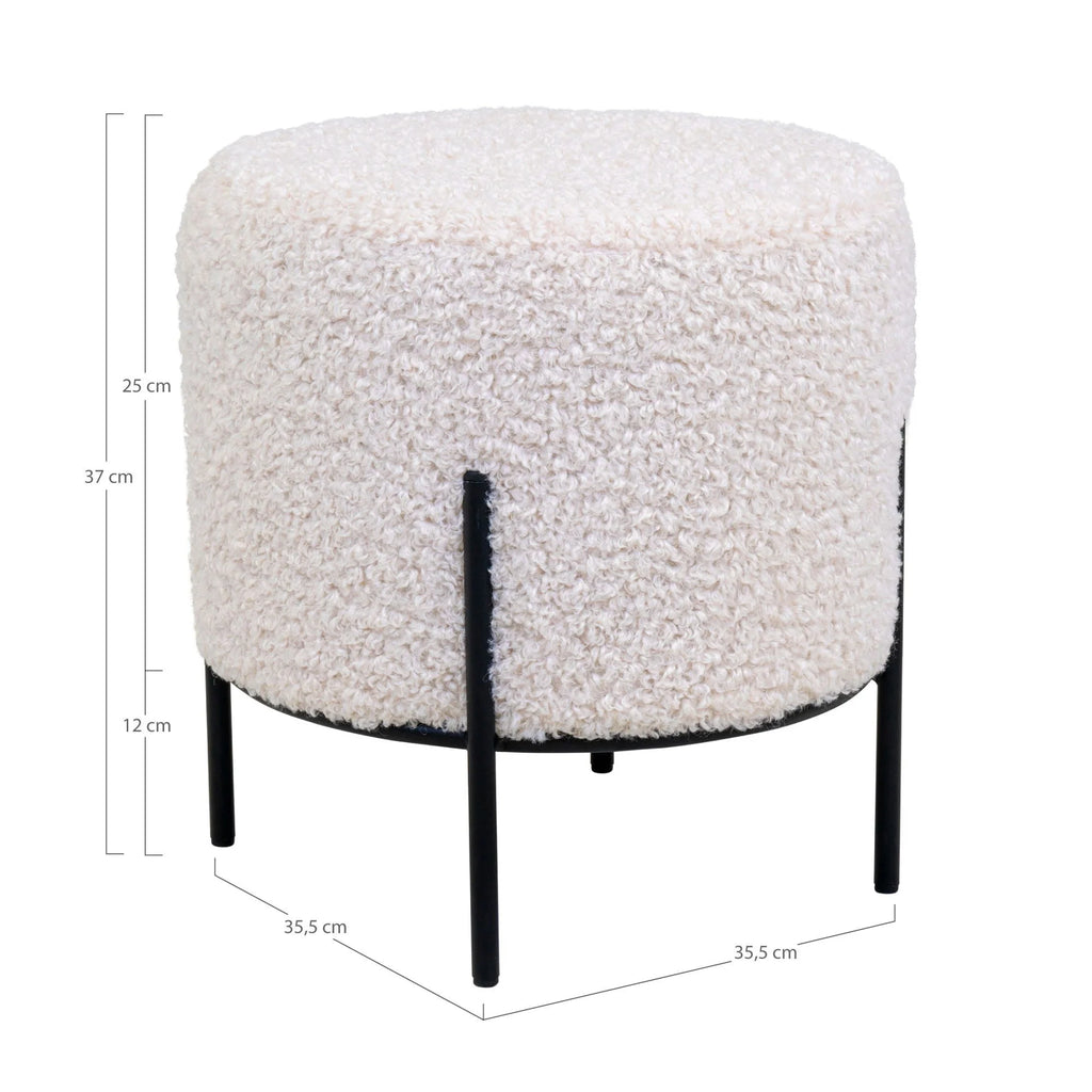 Tabouret pouf rond en tissu bouclé écru avec pieds métal noir Ø35,5 cm