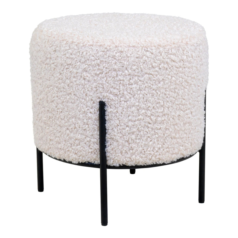 Pouf rond en tissu bouclé écru pieds métal noir – Ø35,5 cm