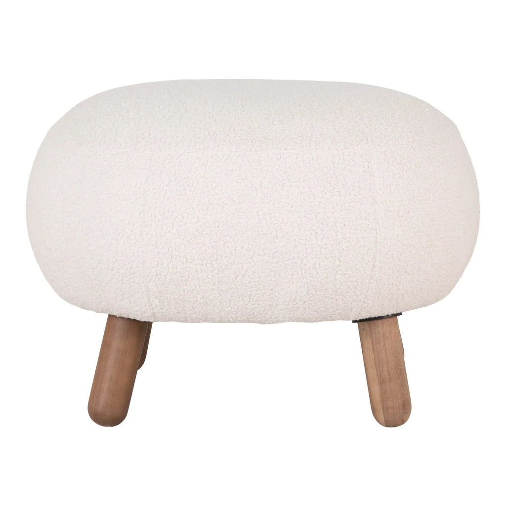 Repose-pieds rond en tissu bouclé écru avec pieds en bois naturel H41 cm