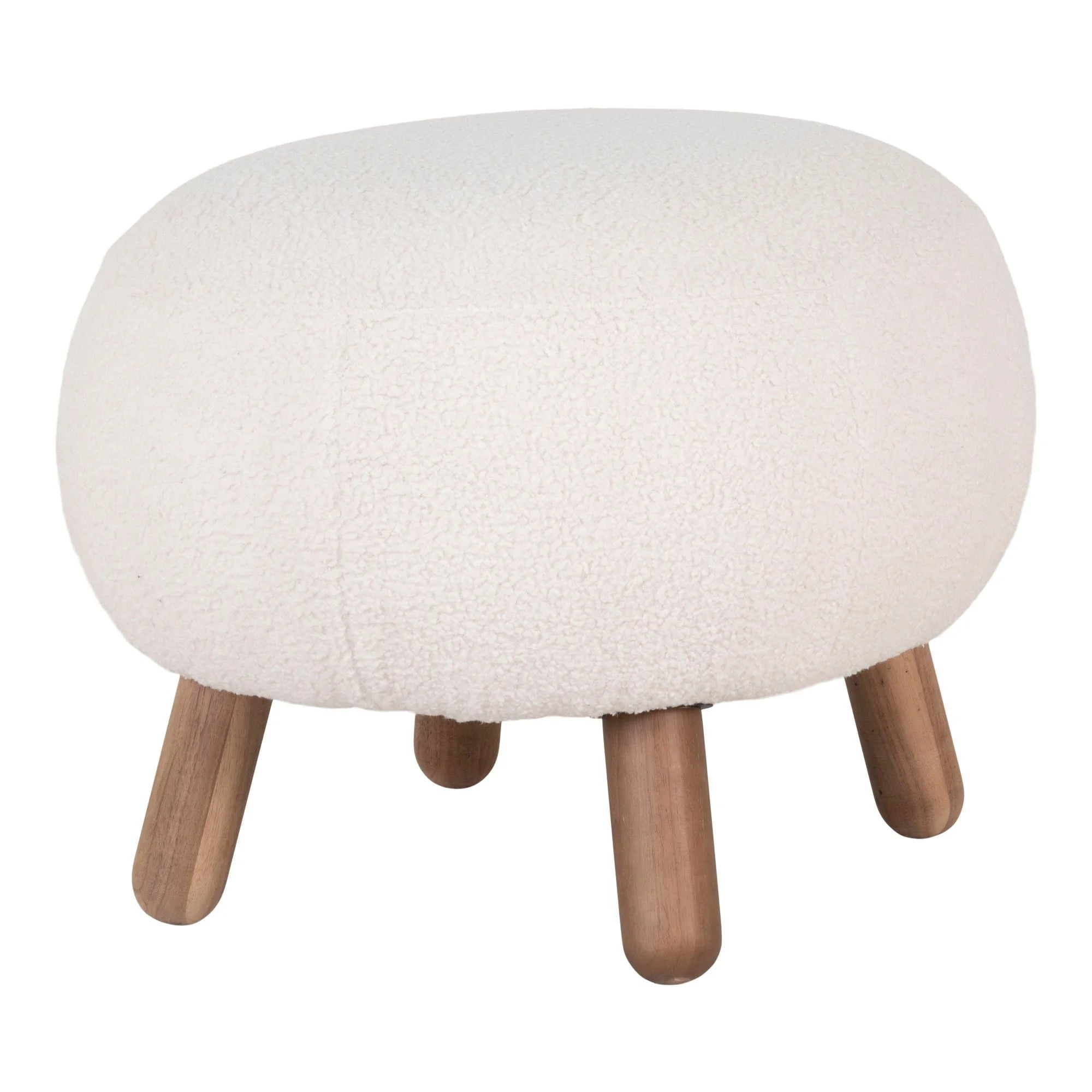 Tabouret rond en tissu bouclé écru, pieds bois naturel, H41 cm