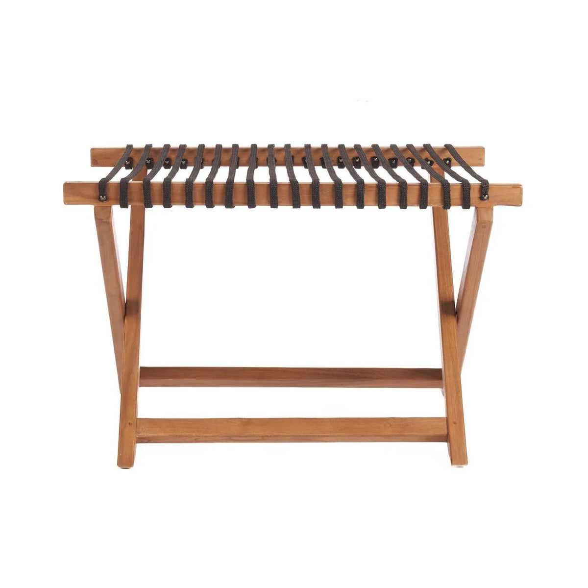Repose-valise pliable en teck avec cadre en bois et sangles noires