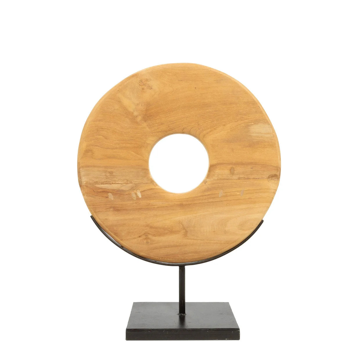 Sculpture décorative en teck naturel ronde sur socle noir, hauteur 50 cm