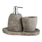 Set salle de bain en pierre naturelle galet zen, distributeur savon et porte-brosse à dents