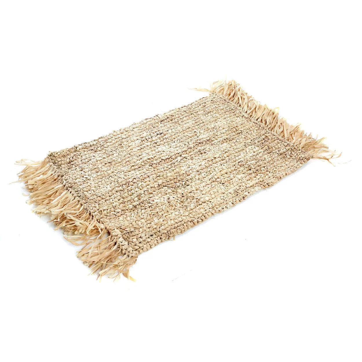 Tapis en raphia naturel beige tissé avec franges pour décoration de table 35x60 cm