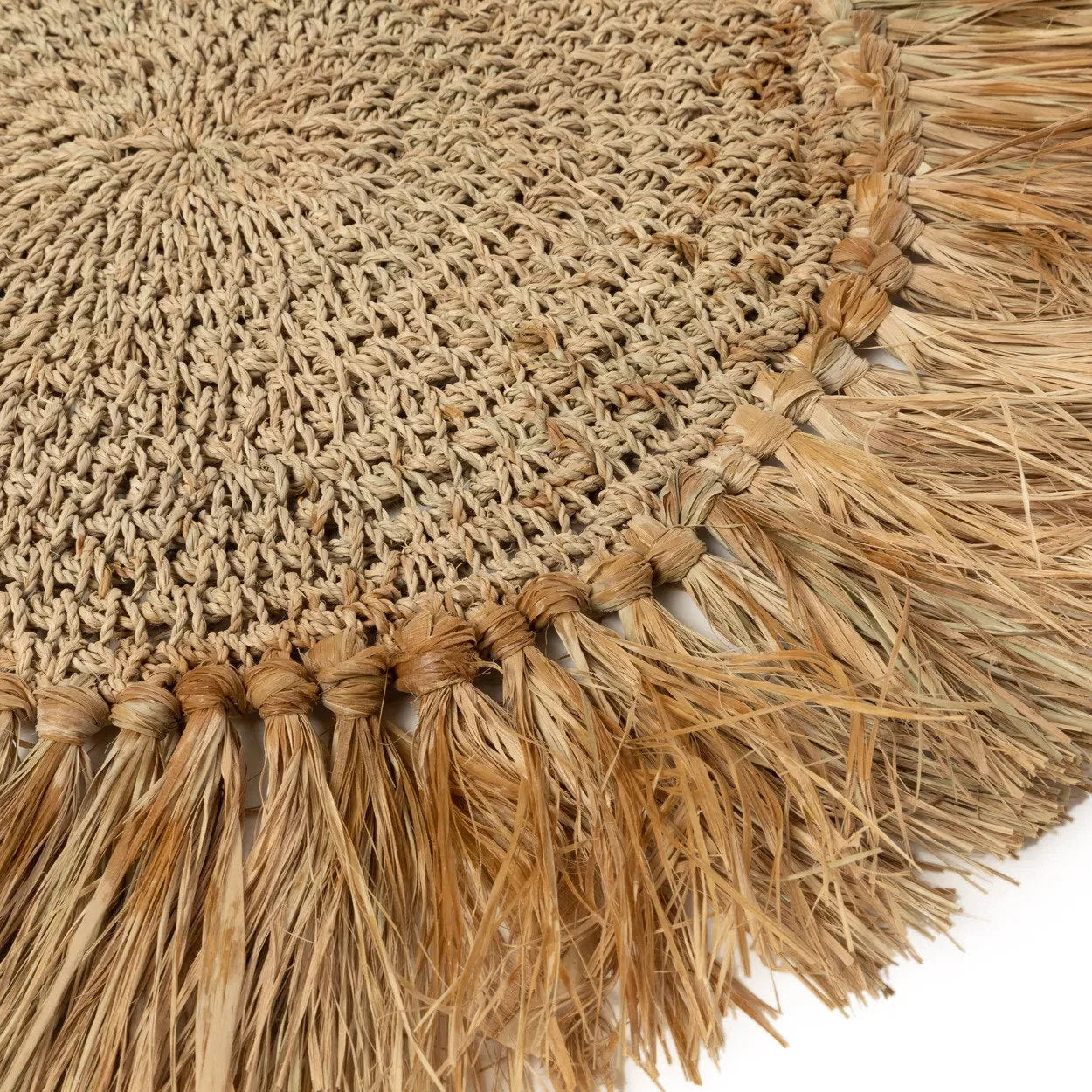 Set de table rond en raphia naturel beige avec franges en herbe sèche