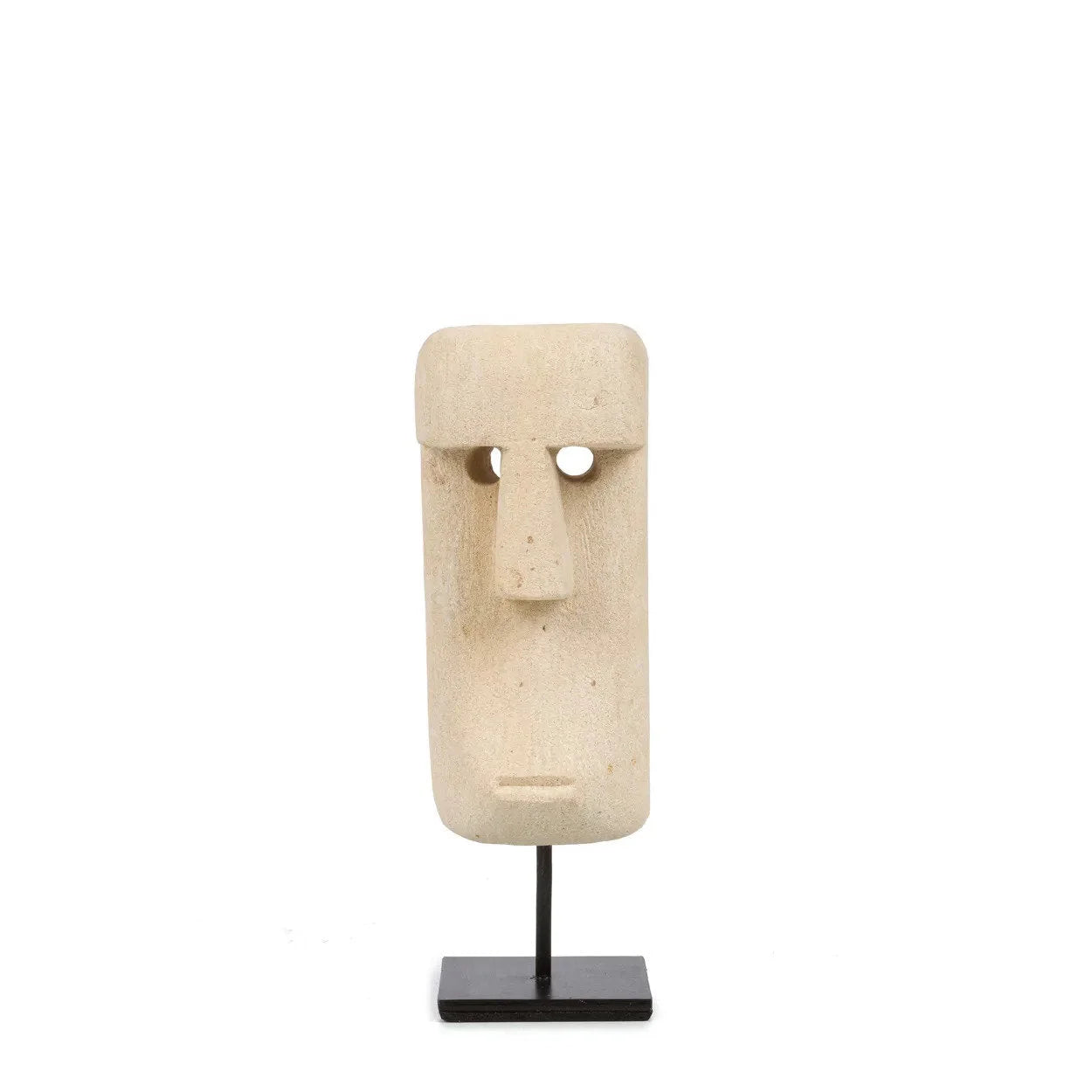 Masque en bois clair sur socle en métal noir, sculpture artisanale en grès beige