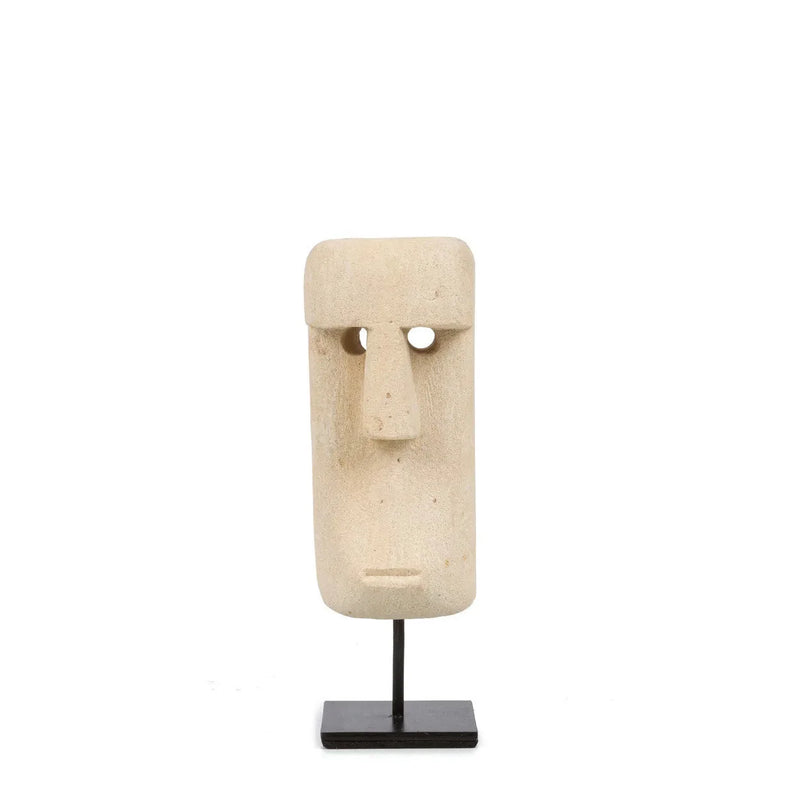 Statue visage en grès beige sur socle bois sculptée à la main