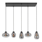 Suspension 5 lumières en verre fumé et acier noir, dimens. 100x30 cm