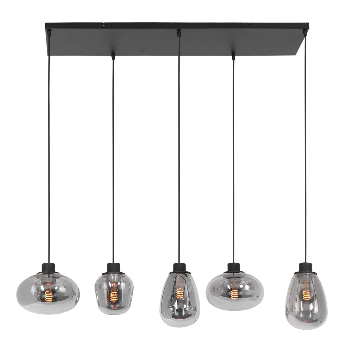 Suspension 5 lumières en verre fumé et acier noir, dimens. 100x30 cm