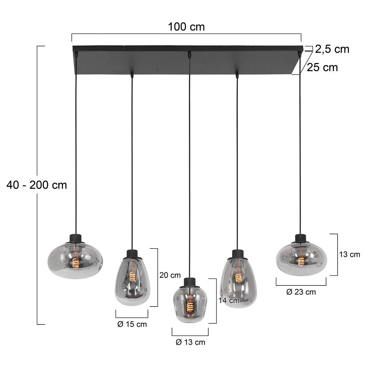 Suspension 5 lumières en verre fumé et acier noir avec formes de abat-jour variées