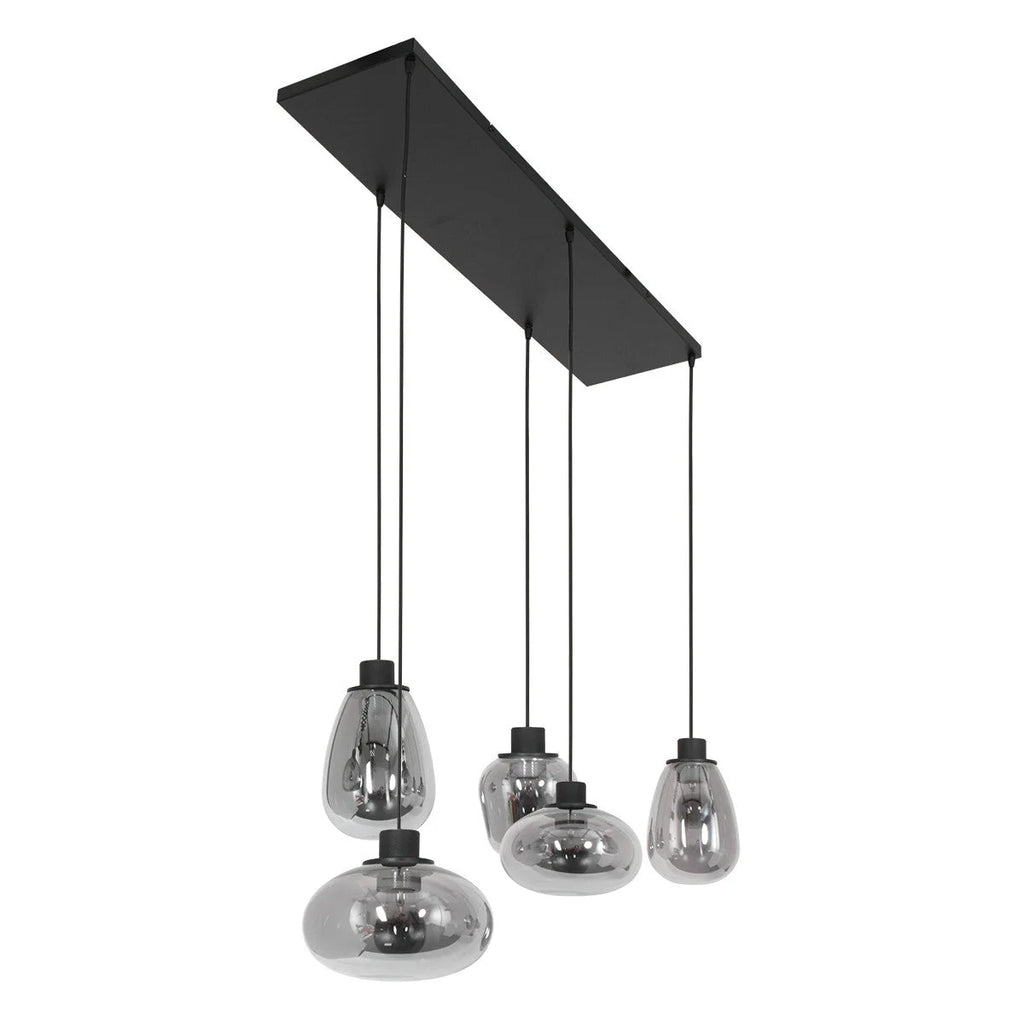 Suspension 5 lumières en verre fumé et acier noir, design moderne 100x30 cm