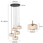 Suspension bambou cuivré avec 5 abat-jours cylindriques ajourés
